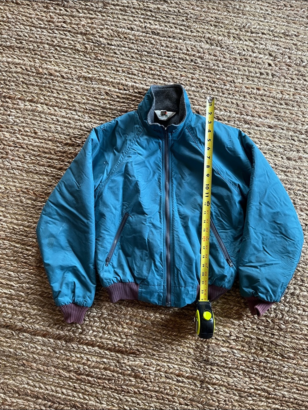 Vintage Teal Blue Bomber Jacket with Maroon Ribbed Trim